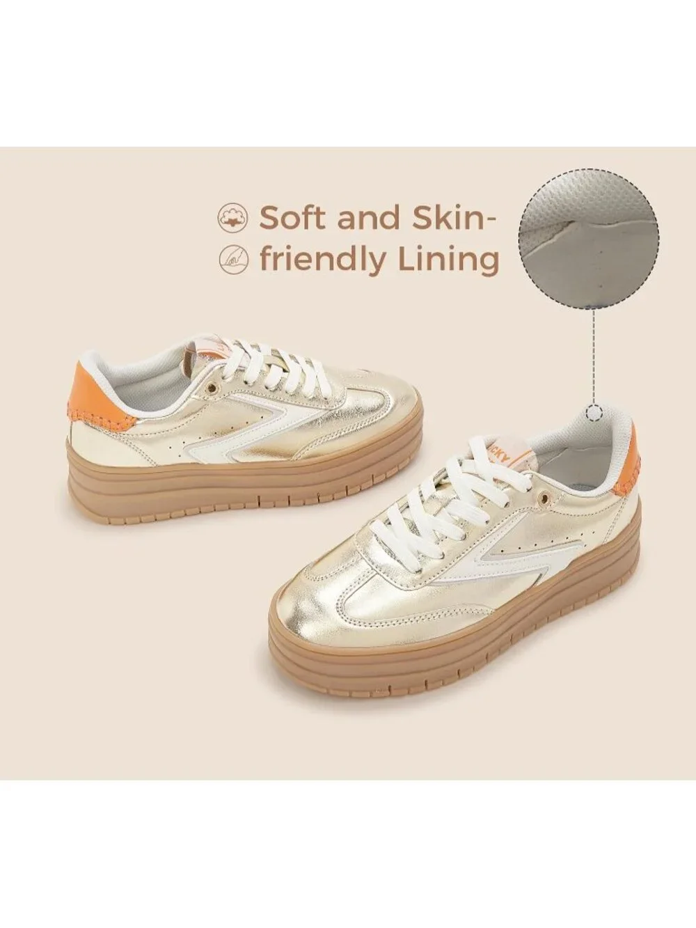 🆕Women's White Gold Platform Sneakers Gum Thick Sole Tennis Walking Shoes
